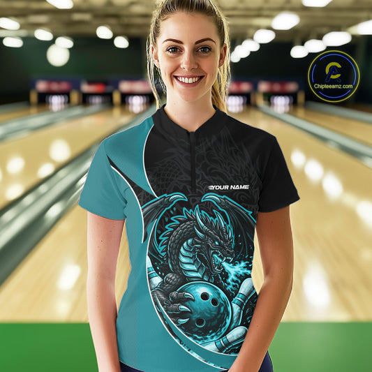 Custom Turquoise Blue Fire Dragon Bowling Jerseys, Bowling Team Women Quarter-Zip Shirt IPHW10366