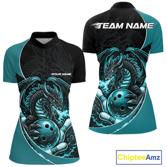 Custom Turquoise Blue Fire Dragon Bowling Jerseys, Bowling Team Women Quarter-Zip Shirt IPHW10366