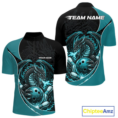 Custom Turquoise Blue Fire Dragon Bowling Jerseys, Dragon Bowling Team Men Quarter-Zip Shirt IPHW10366