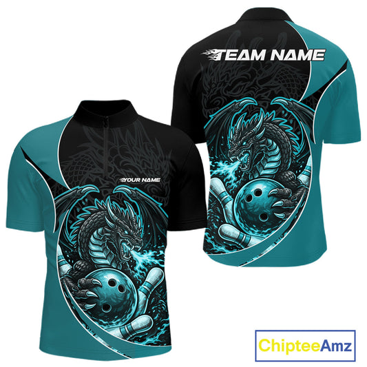 Custom Turquoise Blue Fire Dragon Bowling Jerseys, Dragon Bowling Team Men Quarter-Zip Shirt IPHW10366