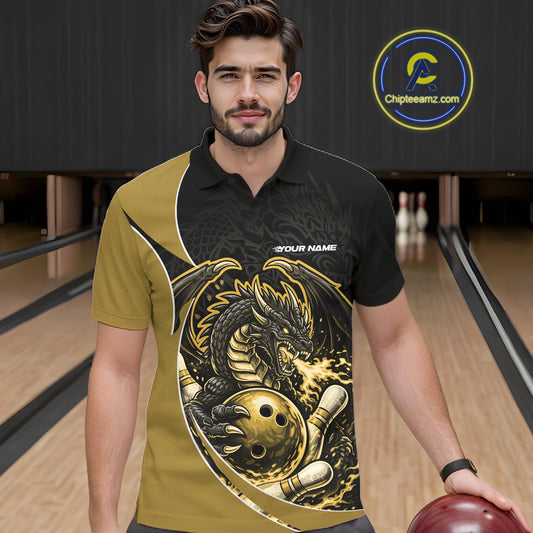 Custom Yellow Fire Dragon Bowling Jerseys, Dragon Bowling Team Men Polo Shirt IPHW10367