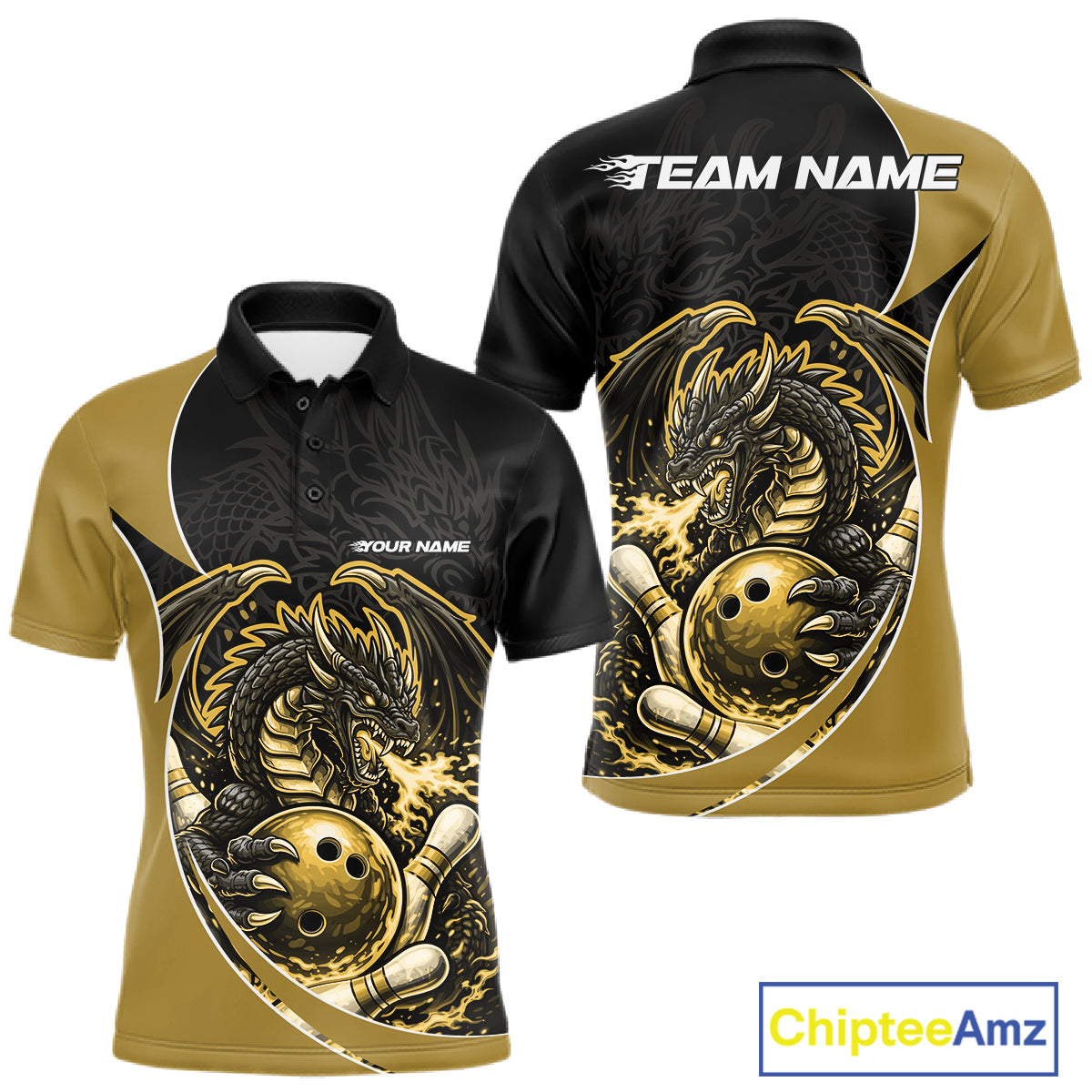 Custom Yellow Fire Dragon Bowling Jerseys, Dragon Bowling Team Men Polo Shirt IPHW10367