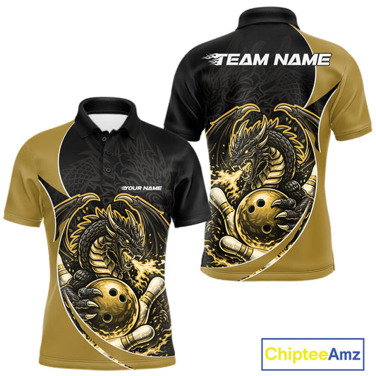 Custom Yellow Fire Dragon Bowling Jerseys, Dragon Bowling Team Men Polo Shirt IPHW10367