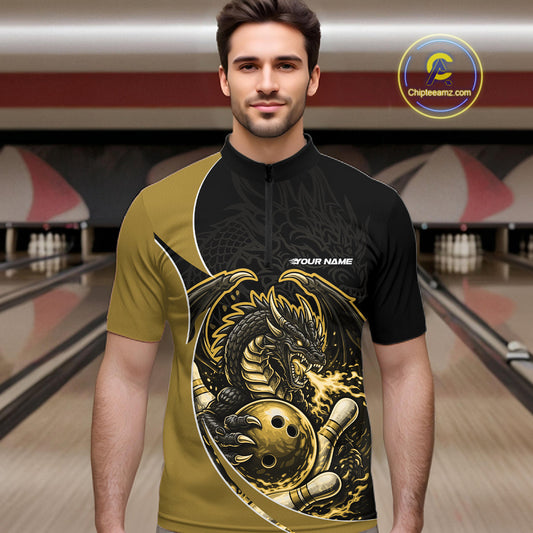 Custom Yellow Fire Dragon Bowling Jerseys, Dragon Bowling Team Men Quarter-Zip Shirt IPHW10367