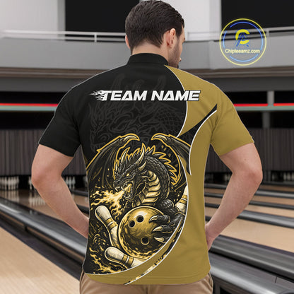 Custom Yellow Fire Dragon Bowling Jerseys, Dragon Bowling Team Men Quarter-Zip Shirt IPHW10367