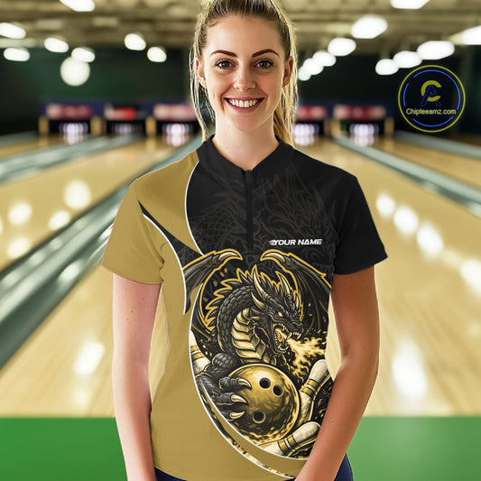 Custom Yellow Fire Dragon Bowling Jerseys, Dragon Bowling Team Women Quarter-Zip Shirt IPHW10367