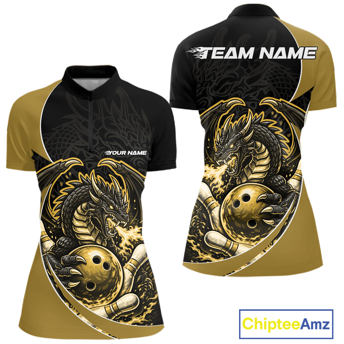 Custom Yellow Fire Dragon Bowling Jerseys, Dragon Bowling Team Women Quarter-Zip Shirt IPHW10367
