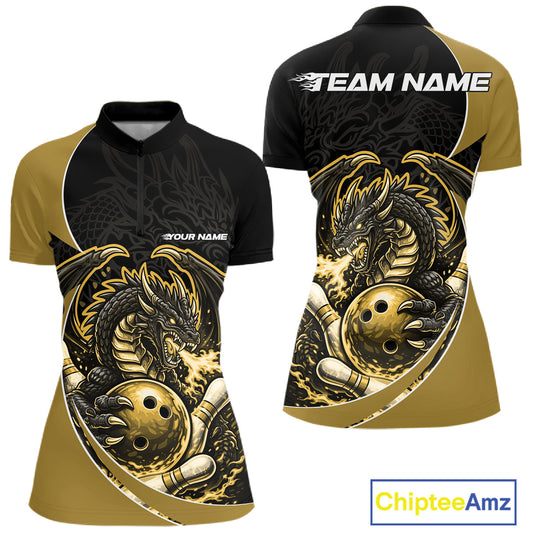Custom Yellow Fire Dragon Bowling Jerseys, Dragon Bowling Team Women Quarter-Zip Shirt IPHW10367