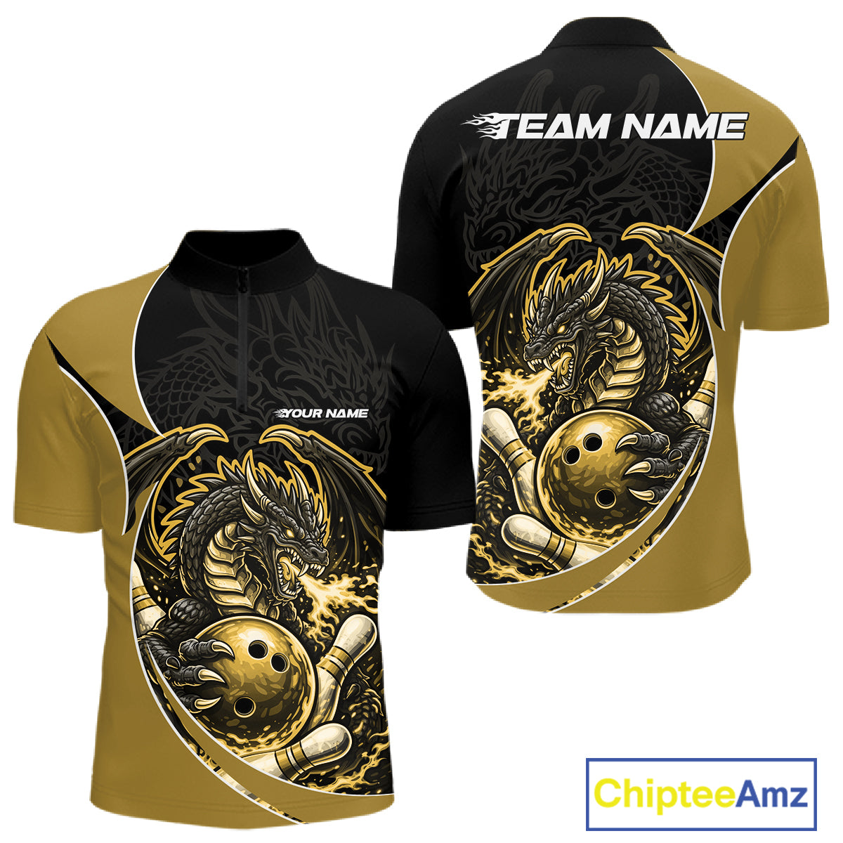 Custom Yellow Fire Dragon Bowling Jerseys, Dragon Bowling Team Men Quarter-Zip Shirt IPHW10367