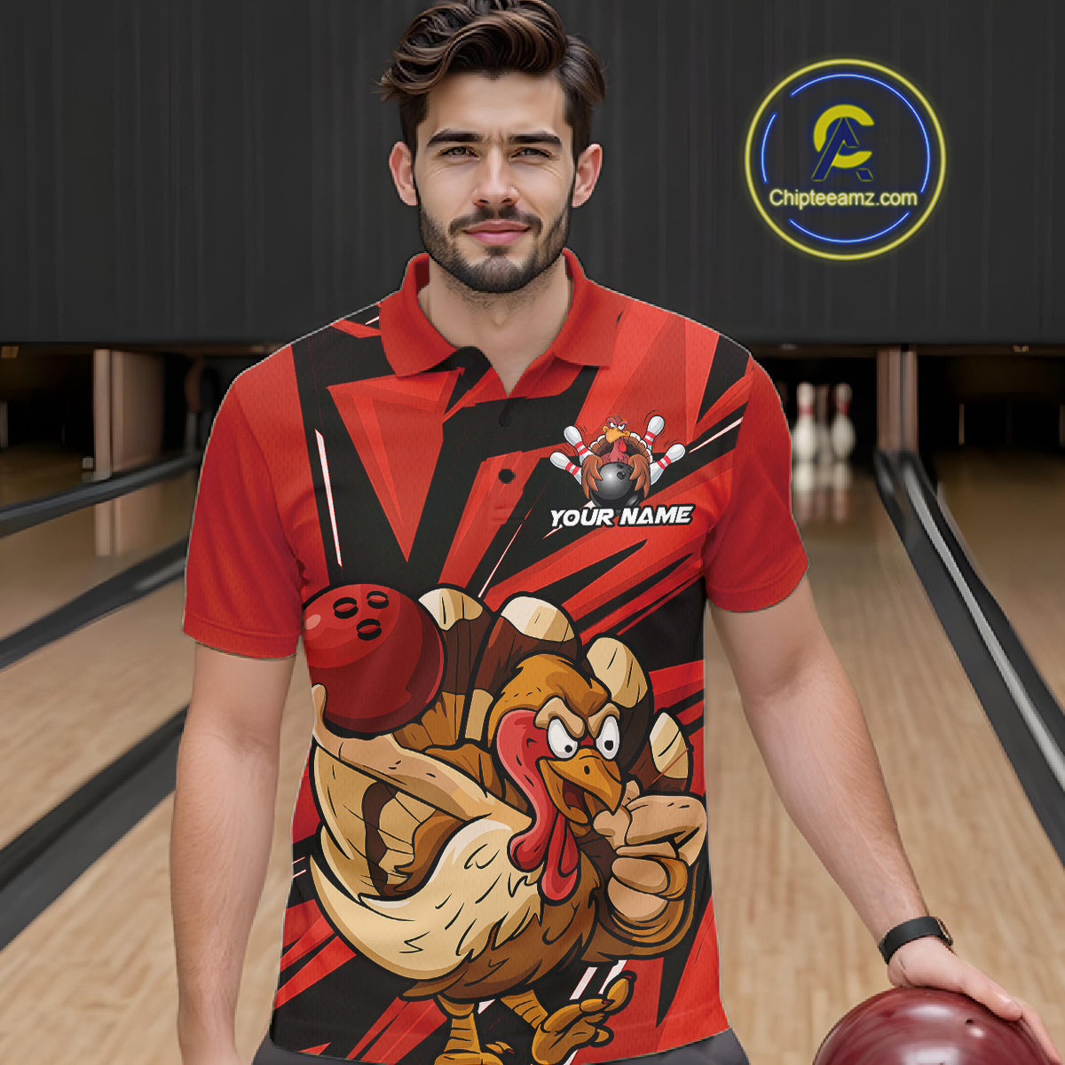 Custom Funny Turkey Bowling Shirts For Men, Red Thanksgiving Bowling Shirt Team Uniform IPHW10675