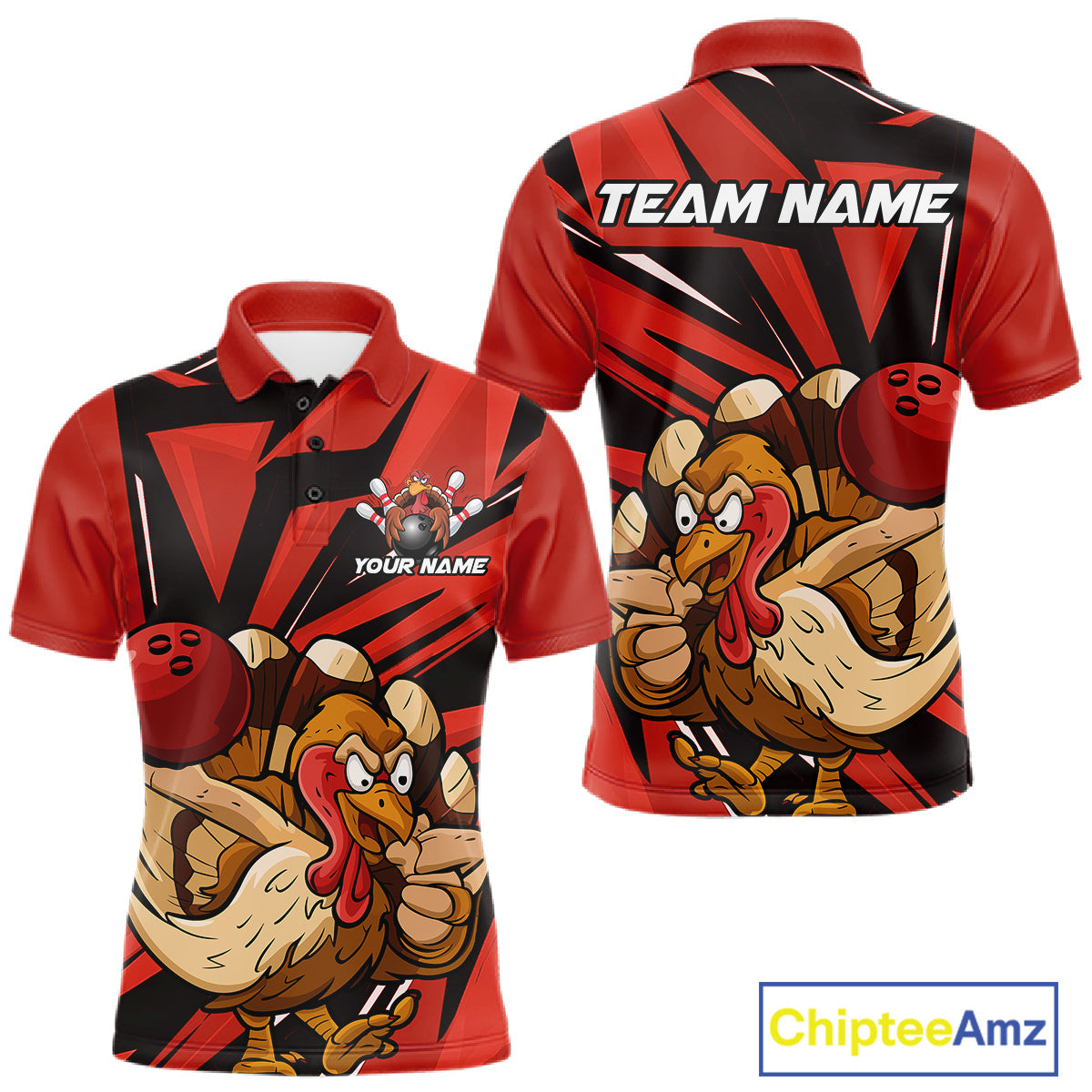 Custom Funny Turkey Bowling Shirts For Men, Red Thanksgiving Bowling Shirt Team Uniform IPHW10675