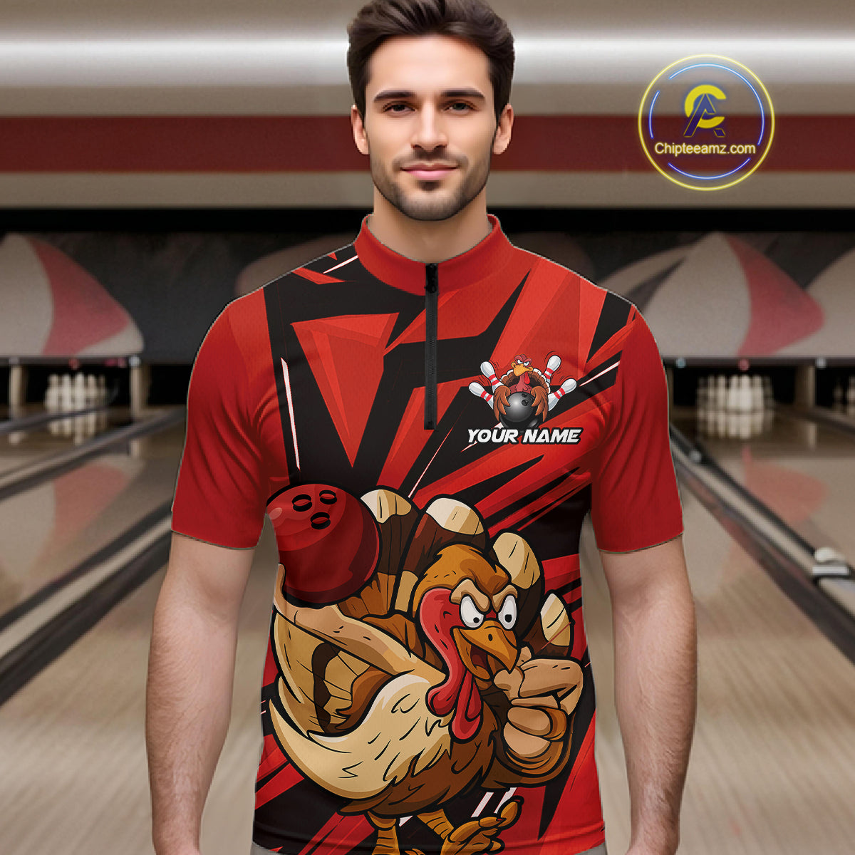 Custom Funny Turkey Bowling Shirts For Men, Red Thanksgiving Bowling Shirt Team Uniform IPHW10675