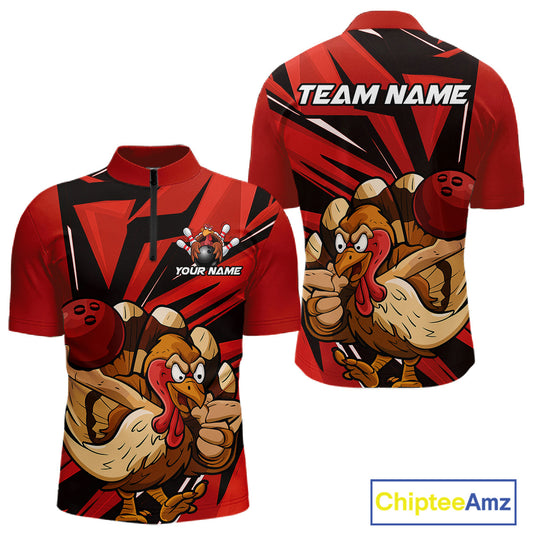 Custom Funny Turkey Bowling Shirts For Men, Red Thanksgiving Bowling Shirt Team Uniform IPHW10675