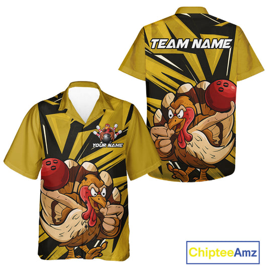 Custom Funny Turkey Bowling Shirts For Men And Women, Yellow Thanksgiving Bowling Shirt Team Uniform IPHW10676