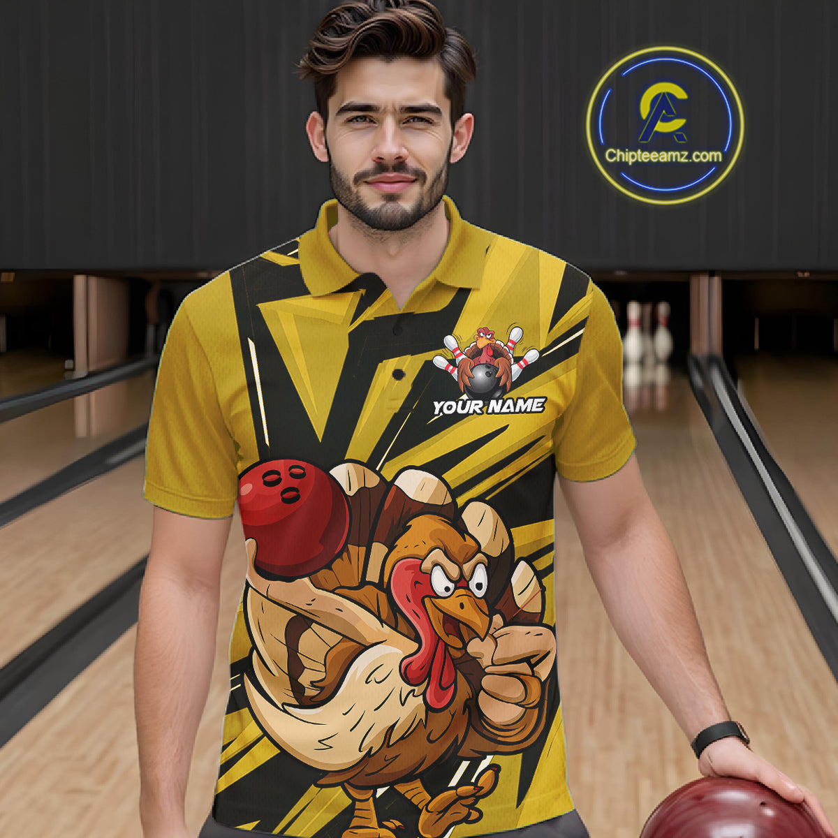 Custom Funny Turkey Bowling Shirts For Men, Yellow Thanksgiving Bowling Shirt Team Uniform IPHW10676