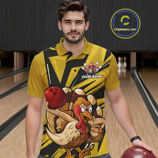 Custom Funny Turkey Bowling Shirts For Men, Yellow Thanksgiving Bowling Shirt Team Uniform IPHW10676