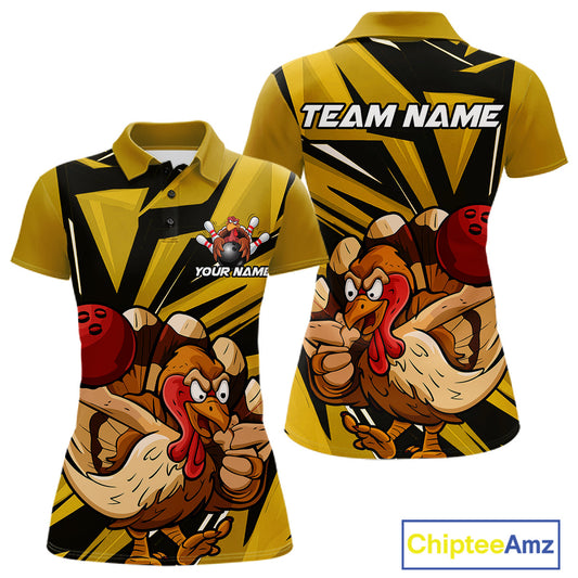 Custom Funny Turkey Bowling Shirts For Women, Yellow Thanksgiving Bowling Shirt Team Uniform IPHW10676
