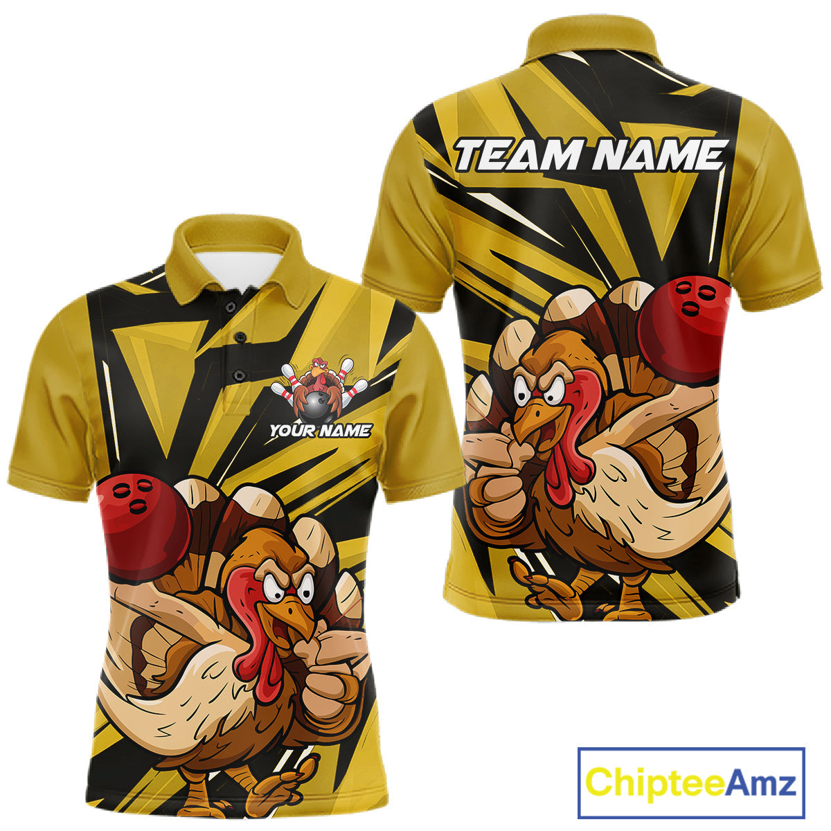 Custom Funny Turkey Bowling Shirts For Men, Yellow Thanksgiving Bowling Shirt Team Uniform IPHW10676