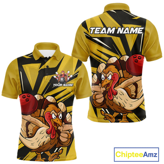 Custom Funny Turkey Bowling Shirts For Men, Yellow Thanksgiving Bowling Shirt Team Uniform IPHW10676
