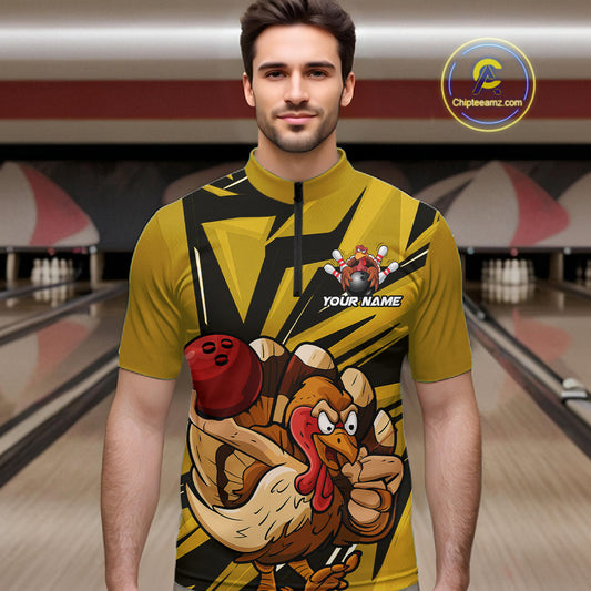 Custom Funny Turkey Bowling Shirts For Men, Yellow Thanksgiving Bowling Shirt Team Uniform IPHW10676