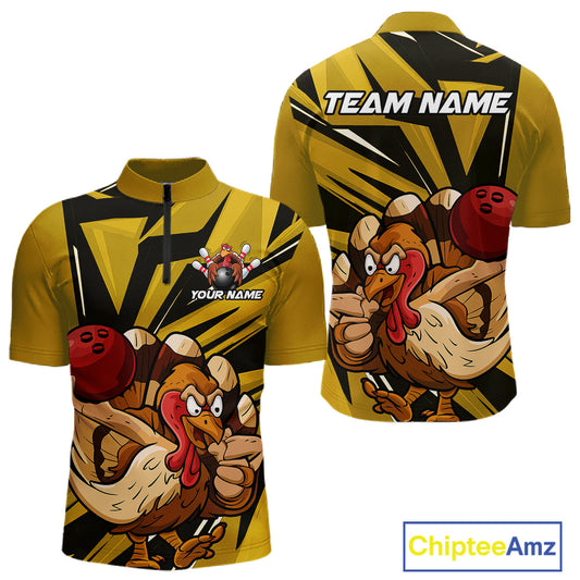 Custom Funny Turkey Bowling Shirts For Men, Yellow Thanksgiving Bowling Shirt Team Uniform IPHW10676