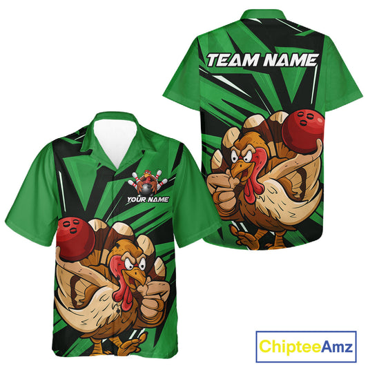Custom Funny Turkey Bowling Shirts For Men And Women, Green Thanksgiving Bowling Shirt Team Uniform IPHW10677