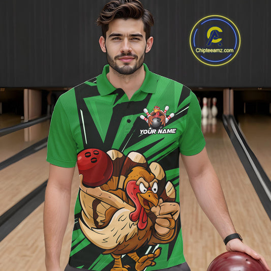 Custom Funny Turkey Bowling Shirts For Men, Green Thanksgiving Bowling Shirt Team Uniform IPHW10677