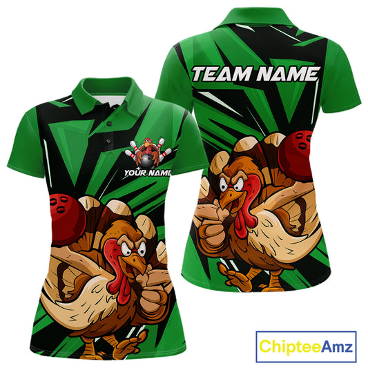 Custom Funny Turkey Bowling Shirts For Women, Green Thanksgiving Bowling Shirt Team Uniform IPHW10677