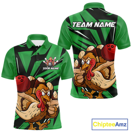 Custom Funny Turkey Bowling Shirts For Men, Green Thanksgiving Bowling Shirt Team Uniform IPHW10677