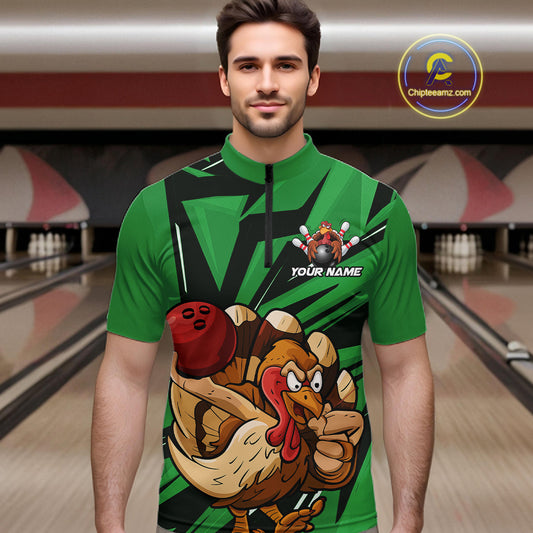 Custom Funny Turkey Bowling Shirts For Men, Green Thanksgiving Bowling Shirt Team Uniform IPHW10677