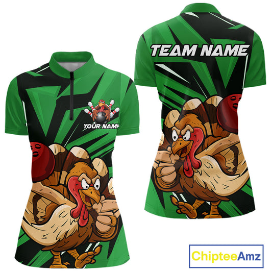 Custom Funny Turkey Bowling Shirts Women, Green Thanksgiving Bowling Shirt Team Uniform IPHW10677