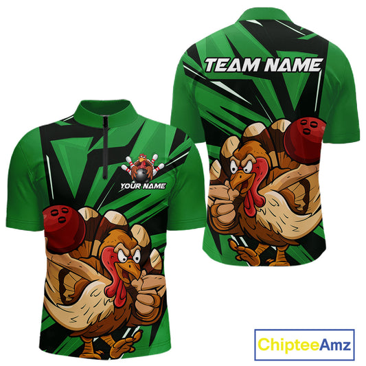 Custom Funny Turkey Bowling Shirts For Men, Green Thanksgiving Bowling Shirt Team Uniform IPHW10677