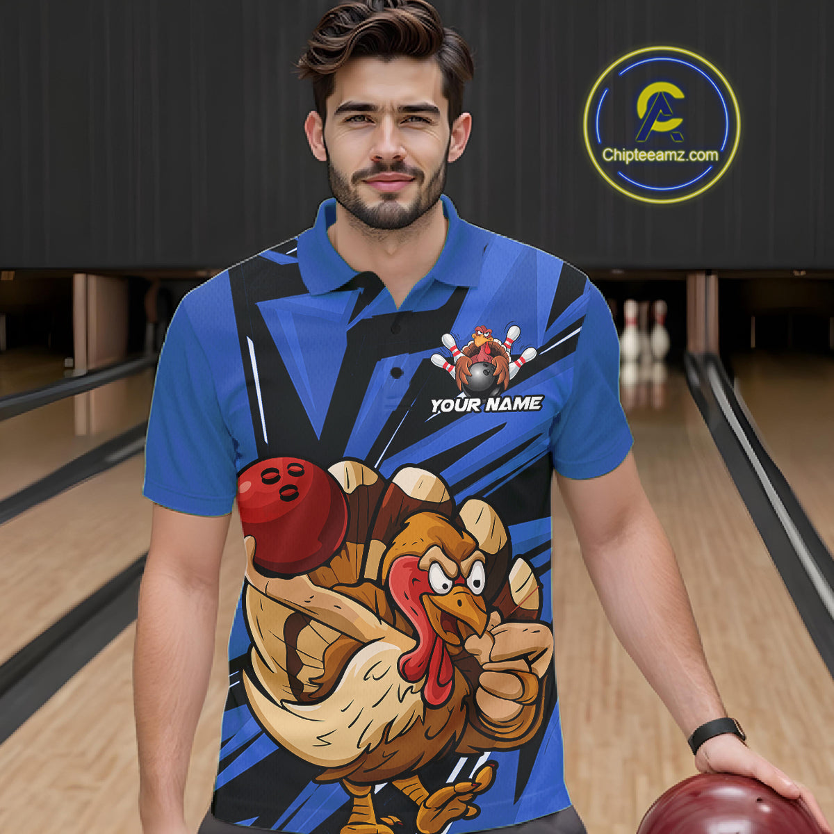 Custom Funny Turkey Bowling Shirts For Men, Blue Thanksgiving Bowling Shirt Team Uniform IPHW10678
