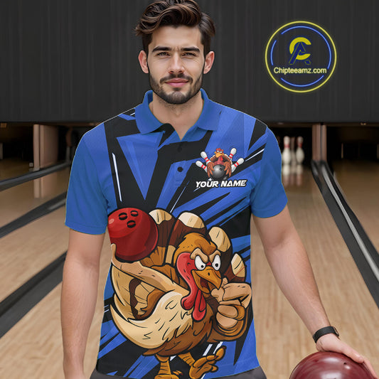 Custom Funny Turkey Bowling Shirts For Men, Blue Thanksgiving Bowling Shirt Team Uniform IPHW10678