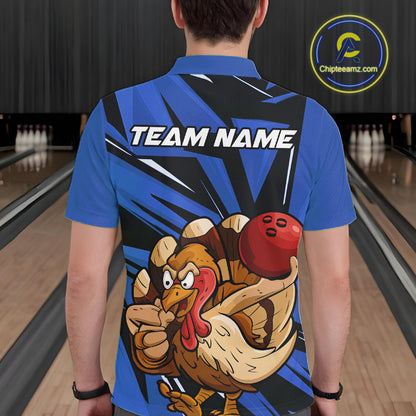 Custom Funny Turkey Bowling Shirts For Men, Blue Thanksgiving Bowling Shirt Team Uniform IPHW10678