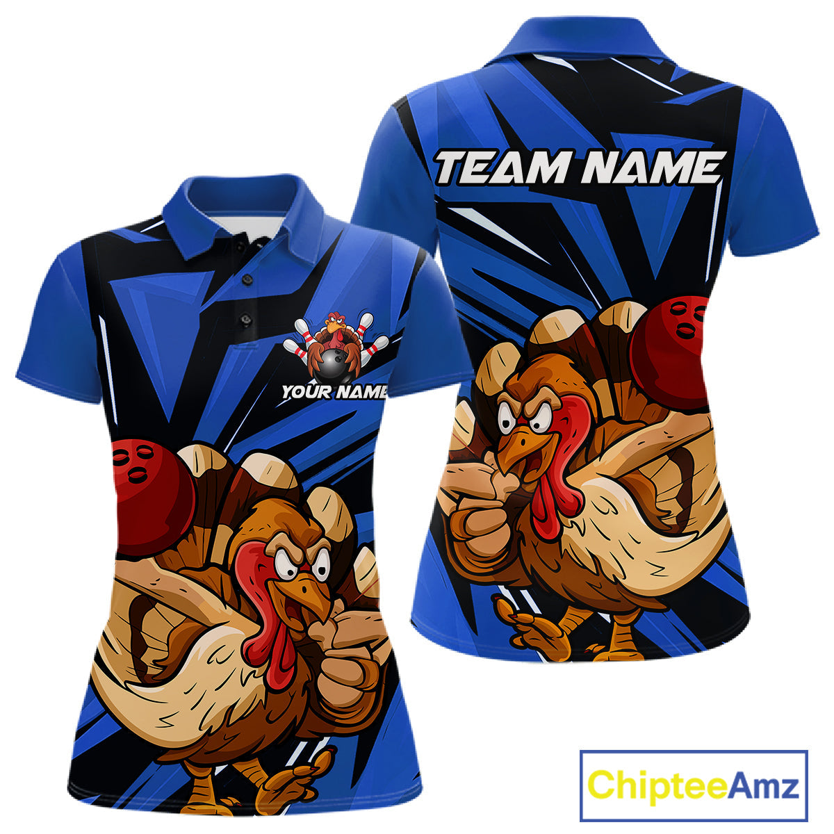 Custom Funny Turkey Bowling Shirts For Women, Blue Thanksgiving Bowling Shirt Team Uniform IPHW10678