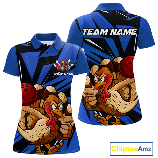 Custom Funny Turkey Bowling Shirts For Women, Blue Thanksgiving Bowling Shirt Team Uniform IPHW10678