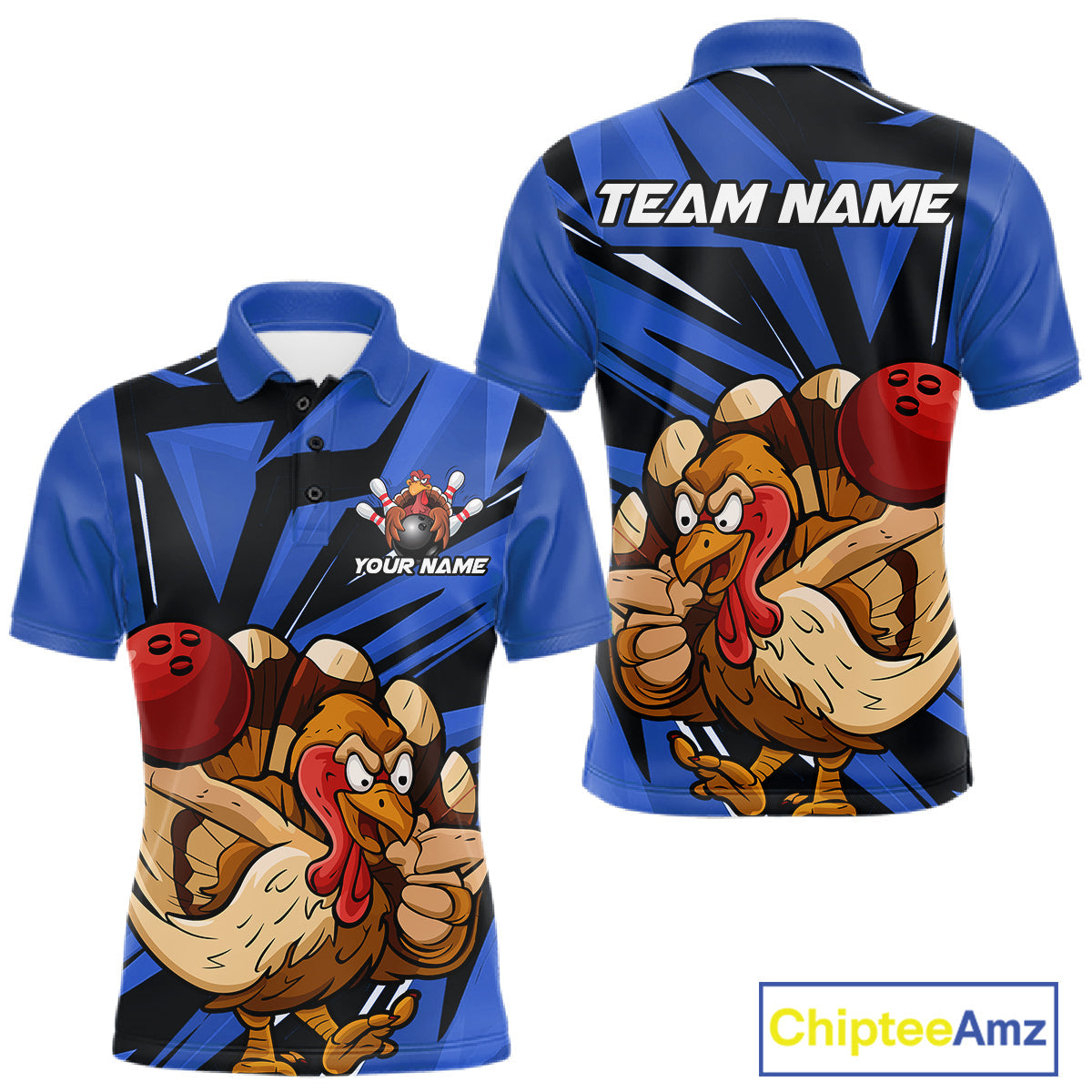 Custom Funny Turkey Bowling Shirts For Men, Blue Thanksgiving Bowling Shirt Team Uniform IPHW10678