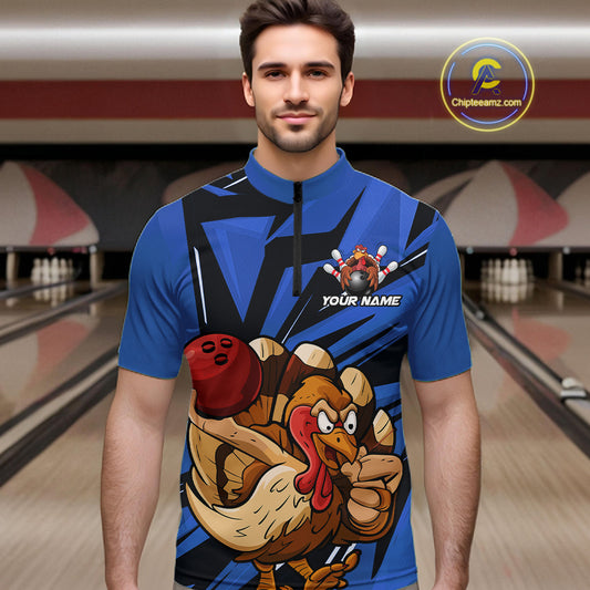 Custom Funny Turkey Bowling Shirts For Men, Blue Thanksgiving Bowling Shirt Team Uniform IPHW10678