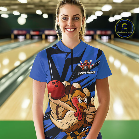 Custom Funny Turkey Bowling Shirts Women, Blue Thanksgiving Bowling Shirt Team Uniform IPHW10678