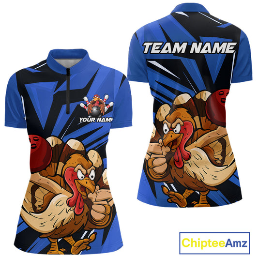 Custom Funny Turkey Bowling Shirts Women, Blue Thanksgiving Bowling Shirt Team Uniform IPHW10678