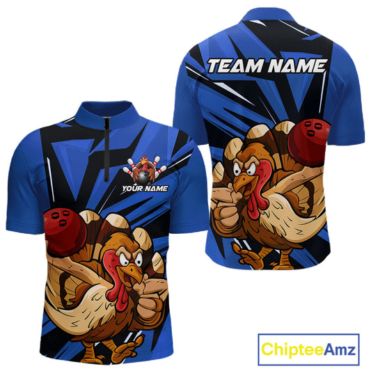 Custom Funny Turkey Bowling Shirts For Men, Blue Thanksgiving Bowling Shirt Team Uniform IPHW10678