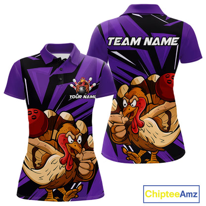 Custom Funny Turkey Bowling Shirts For Women, Purple Thanksgiving Bowling Shirt Team Uniform IPHW10679