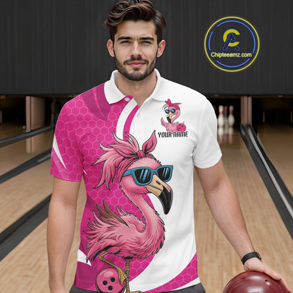 Custom Funny Hot Pink Flamingo Bowling Men Polo Shirt, Bowling League Bowlers Outfit IPHW10680