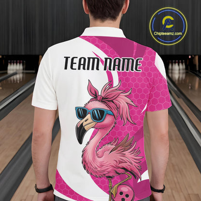 Custom Funny Hot Pink Flamingo Bowling Men Polo Shirt, Bowling League Bowlers Outfit IPHW10680