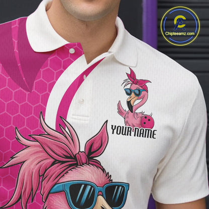 Custom Funny Hot Pink Flamingo Bowling Men Polo Shirt, Bowling League Bowlers Outfit IPHW10680