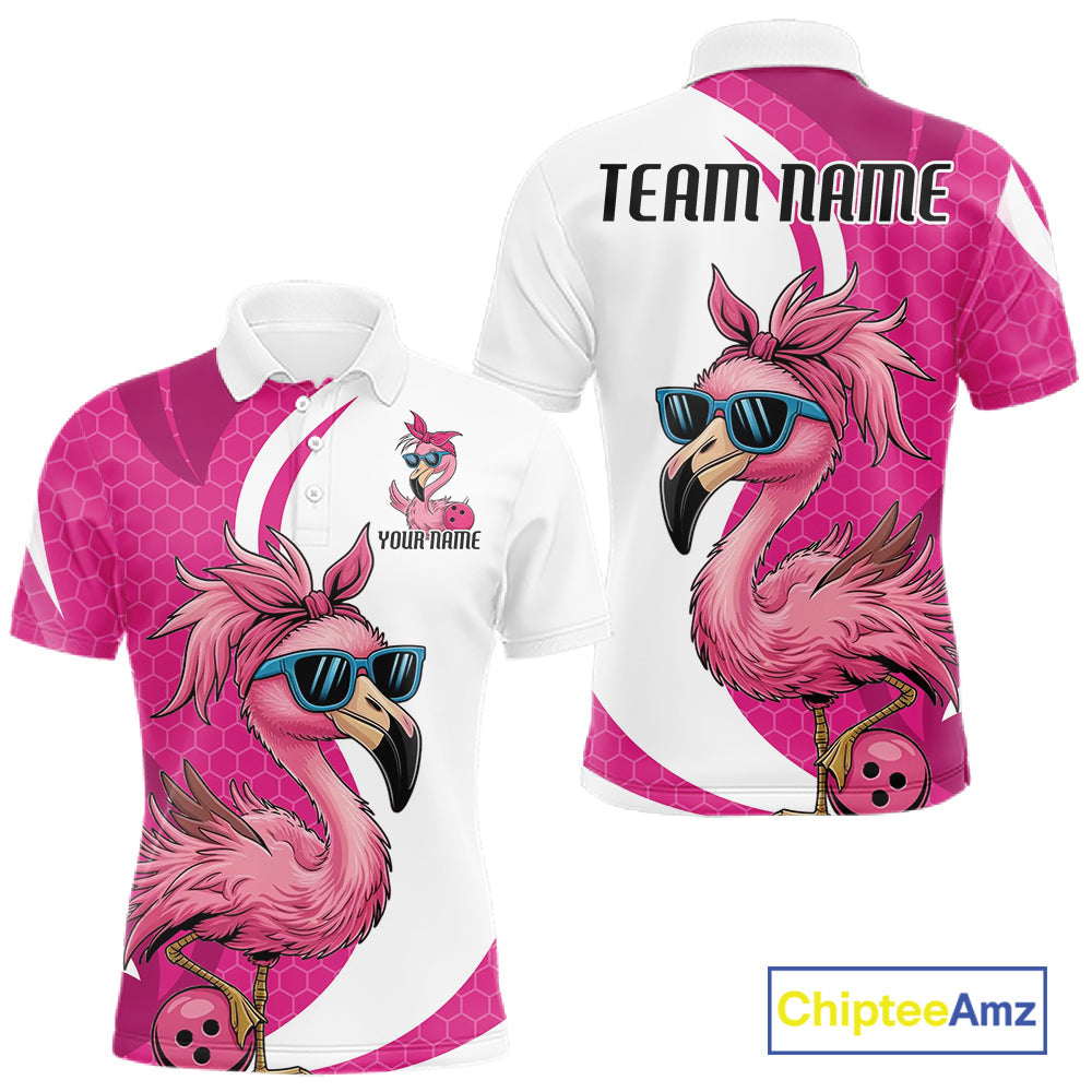 Custom Funny Hot Pink Flamingo Bowling Men Polo Shirt, Bowling League Bowlers Outfit IPHW10680