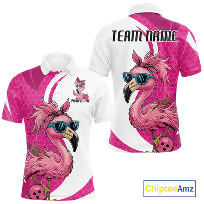 Custom Funny Hot Pink Flamingo Bowling Men Polo Shirt, Bowling League Bowlers Outfit IPHW10680