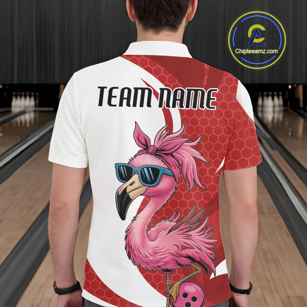Custom Funny Red Flamingo Bowling Men Polo Shirt, Bowling League Bowlers Outfit IPHW10681