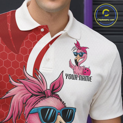 Custom Funny Red Flamingo Bowling Men Polo Shirt, Bowling League Bowlers Outfit IPHW10681